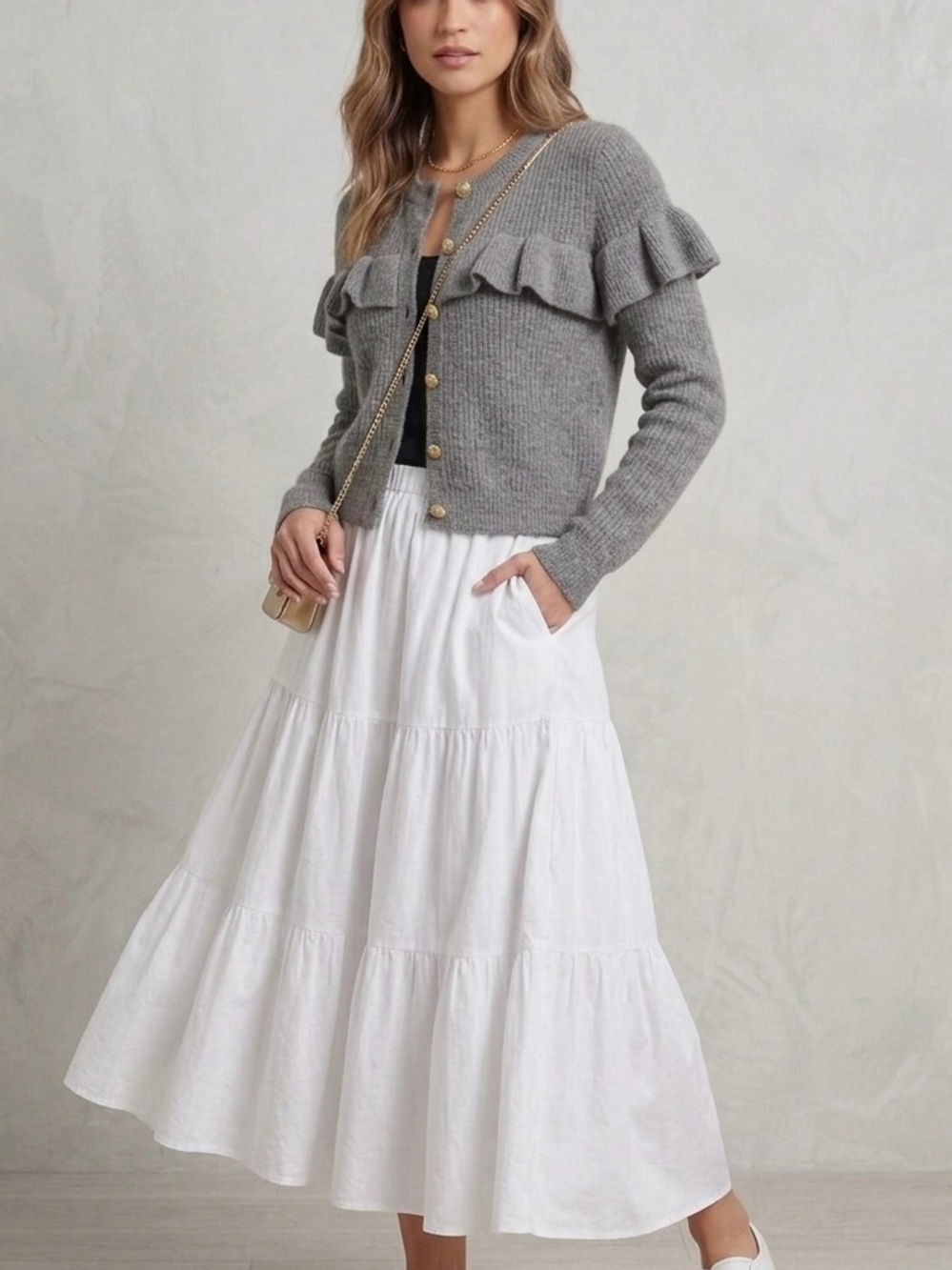 H&M Grey Ruffle-Detail Ribbed Knit Sweater Cardigan - Picture 3 of 13